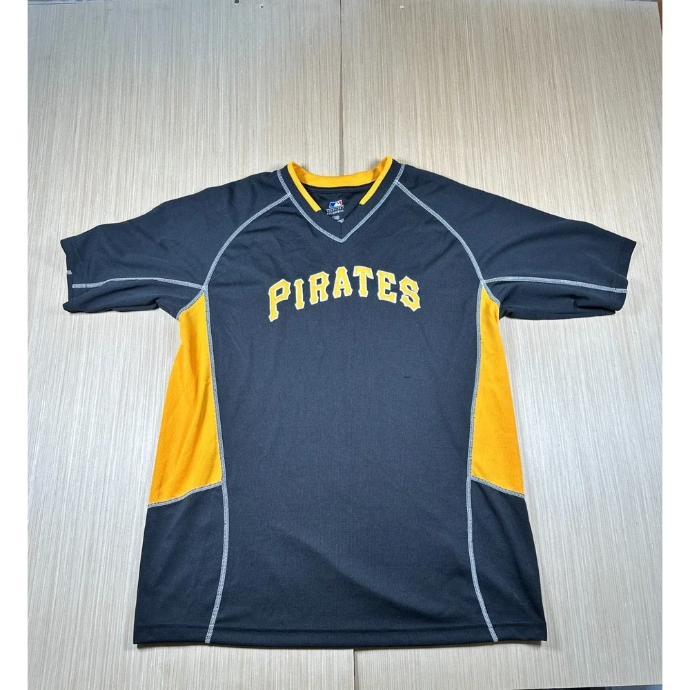 Pittsburgh Pirates Baseball Team Jersey Mens‎ Large Black Yellow V Neck Logo